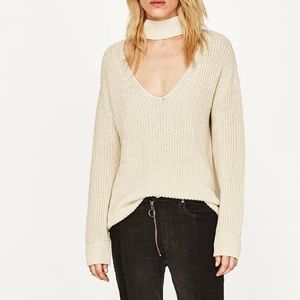 NWOT - ZARA V-Neck Beige White Oversized Sweater S